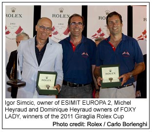 Igor Simcic, owner of ESIMIT EUROPA 2, Michel Heyraud and Dominique Heyraud owners of FOXY LADY, winners of the 2011 Giraglia Rolex Cup, Photo credit: Rolex / Carlo Borlenghi